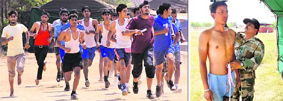 Candidates participate in a physical performance test; and (right) a candidate undergoes physical measurement test during the Army recruitment rally in Jalandhar on Thursday