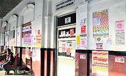 Posters of the railway unions outside the Chief Parcel Supervisor office at the railway station in Ludhiana on Thursday