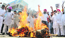 Sikhs burn an effigy of Congress leader Sajjan Kumar during a protest against his acquittal in a 1984 anti-Sikh riots case at Committee Chowk in Karnal on Friday. 