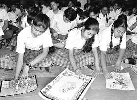 Students of RS Senior Secondary School participate in a painting competition in Karnal on Friday. 