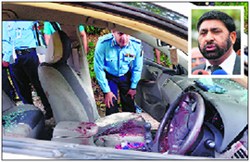 Policemen examine the bullet-riddled car of slain prosecutor Chaudhry Zulfiqar (inset) in Islamabad on Friday