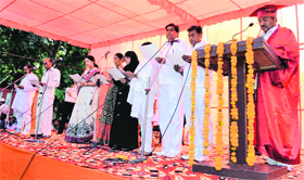 The newly elected Mayor and councillors of the Haridwar Municipal Corporation take oath in Haridwar on Saturday.