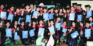 Graduates from the Innocent Hearts College of Education in a jubilant mood after the annual convocation held on the college campus in Jalandhar on Saturday. 