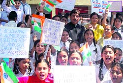 Students of different schools protest against the Chinese incursion and Pak-sponsored terrorism in J&K in Jammu on Saturday