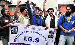 Sikh youth protest against Sajjan Kumars acquittal in a 1984 anti-Sikh riot case in Srinagar on Saturday