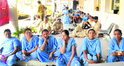 Employees of KVM School stage a protest in Ludhiana on Saturday. Tribune photo: Himanshu Mahajan