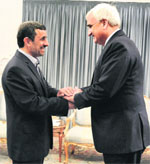 External Affairs Minister Salman Khurshid with Iran's President Mahmoud Ahmadinejad during a meeting in Tehran on Saturday. 