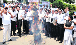 Advocates and members of the Hindu Jagran Manch burn an effigy of China in protest against the Chinese incursion, in Karnal on Saturday. 