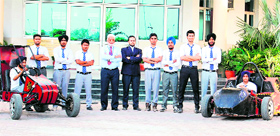 Students of Global Engineering College who successfully designed two fuel-efficient four-wheelers in Amritsar.
