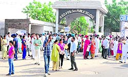 A scene outside an examination centre in Bathinda on Sunday