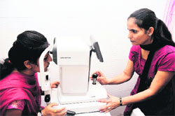 A patient being examined after the inauguration of eye care unit in Jammu on Sunday. 