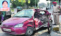 The mangled remains of the car that collided with a truck, leaving a woman Mamta (Inset) dead and five others injured in Jalandhar on Sunday