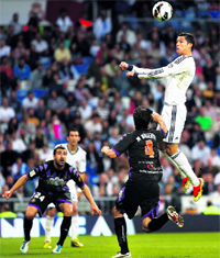 Cristiano Ronaldo during Real Madrids Spanish league match against Valladolid. Ronaldos brace helped Real win 4-3.