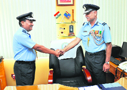 Air Commodore Arun Kumar Barik (right) takes over the charge of the Air Officer Commanding, No 3 Base Repair Depot (3 BRD), in Chandigarh on Monday. 