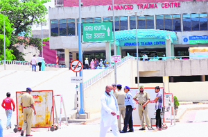 Police personnel deployed outside the PGI's Advanced Trauma Centre in Chandigarh on Monday.
