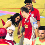 Kings XI Punjab owner Preity Zinta congratulates David Miller for his match-winning performance.