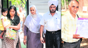 Victim Harpreet Singh Sodhis family at the UT Secretariat in Sector 9, Chandigarh, on Monday. (right) Complainant Om Prakash. 