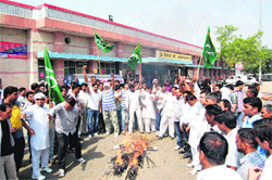 INLD activists burn an effigy of Union Railway Minister Pawan Kumar Bansal at Railway Road in Rohtak on Monday. Photo: Manoj Dhaka