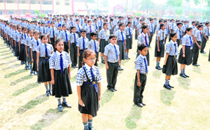Students of Lord Rama Public School take part in national anthem singing contest in Bathinda on Monday. 