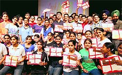 Players with their awards at Tagore Theatre in Chandigarh on Tuesday