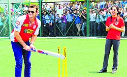 Adam Gilchrist of Kings XI Punjab plays during a friendly match as part of We women empowerment an interacting programme organised by the Chandigarh police with the employees of the Infosys at the IT Park in Chandigarh on Tuesday