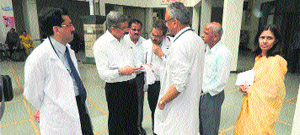 Members of the MCI team Dr Deeraj Kapoor, Dr Suresh Verma and Dr Sanjeev Choudary in the OPD of the DRPGMC, Tanda, on Tuesday. 