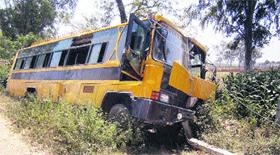 The school bus that met with an accident in Kartarpur, leaving 11 students injured on Tuesday.