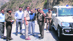 Garhwal Commissioner Subardhan, along with BRO officials, inspects the Char Dham Yatra route in Garhwal on Wednesday.
