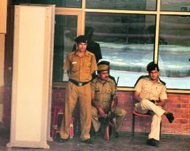 Security staff deployed at the special entry point for Sanaullahs relatives at the PGI in Chandigarh 