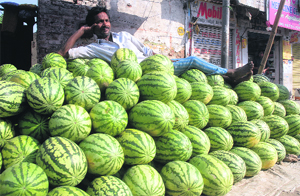 As summer is showing signs of peaking, people are looking for ways to beat the heat. A watermelon seller awaits customers in Jalandhar.