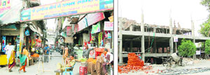 Shops at the main entrance of Durgiana Temple; and (right) a state-of-the-art multiplex is being constructed in Amritsar.