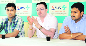 Dr Sushil Kotru (centre) addresses a press conference during the launch of a comprehensive diabetes and obesity care unit at the Max Hospital in Bathinda on Thursday. 
