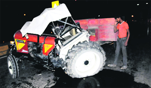 A tractor that was damaged after an accident on the Goniana-Barnala road on Thursday evening. 