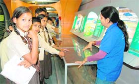 Exhibition on wheels: Schoolchildren visit the Science Express Biodiversity Special Train at Haridwar railway station on Thursday