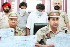 Policemen show fake degrees on the basis of which the travel agents used to send students abroad, in Jalandhar on Thursday. 