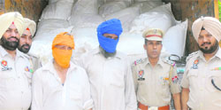 The two accused in police custody in Jalandhar on Thursday. A Tribune photograph