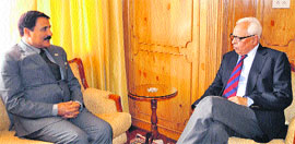 Governor NN Vohra with Speaker Mubarak Gul at Raj Bhawan in Srinagar on Thursday.
