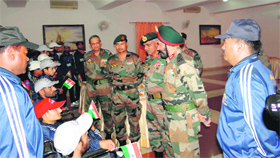 Army personnel interact with those who took part in the expedition in Jammu on Wednesday.