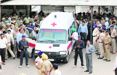 The body of Sanaullah being put into an ambulance amid tight security at the PGI, Chandigarh, on Thursday.