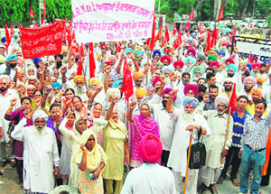 Activists of various unions of the Railways, farmers and Class IV government employees jointly hold a protest march in Amritsar on Friday. 