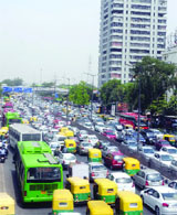 A heavy traffic jam at ITO after a protest by Sikh groups in the Sajjan acquittal case in New Delhi on Friday