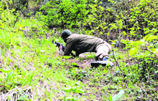 An Army jawan takes position during a search operation in the Budnal forests in Kupwara district on Friday. 