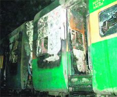 The burnt coach of the Garib Rath in Talwandi Dogra village in Amritsar.