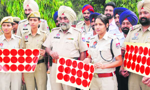 Assistant Superintendent of Police (ASP) Alka Meena showing reflectors before they were pasted on different vehicles in Bathinda on Saturday. 