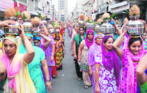Devotees take part in Kalash Yatra to celebrate Hanuman Jayanti in Bathinda on Saturday.