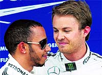 Nico Rosberg (right) and Lewis Hamilton of Mercedes will take one and two positions respectively at the Spanish Formula One Grand Prix on Sunday