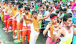 Devotees of Devi Maha Mariamman during a procession taken out by the South Indian Sabha in Amritsar on Sunday