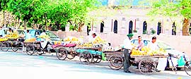 Street vendors sell fruits on a road in Amritsar