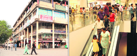 Contrasting pictures of the Sector 17 market; and (right) newly opened Elante Mall at Industrial Area, Phase I, in Chandigarh on Sunday.