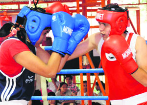 Players in action during the final match of the 13th Senior Chandigarh Womens Boxing Championship at SD School, Sector 32, Chandigarh, on Sunday.